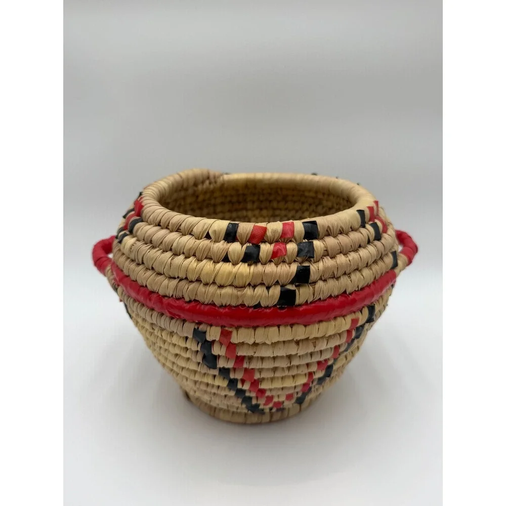 Handmade Woven Coiled Basket Red Black Geometric Pattern with Handles